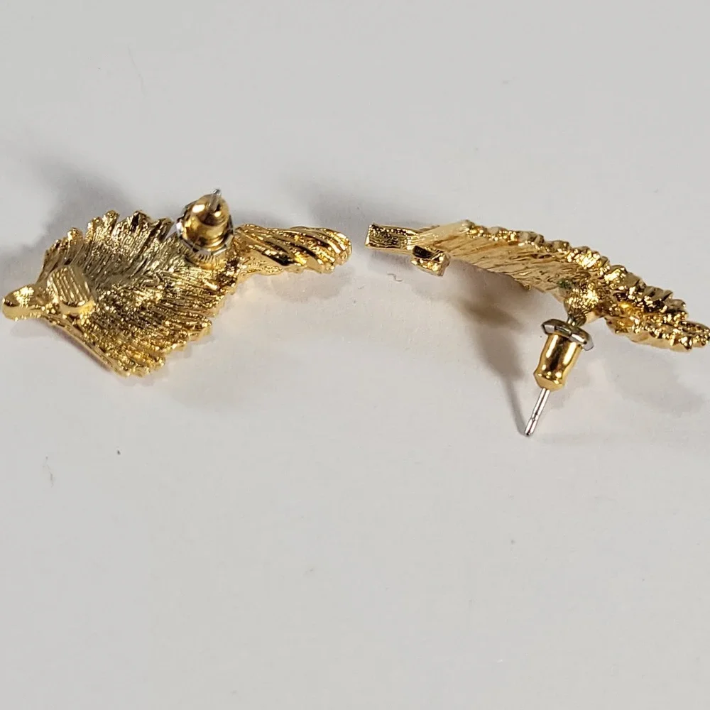Gold Leaf Stud Earrings Gold Textured Botanical Plume Costume Jewelry